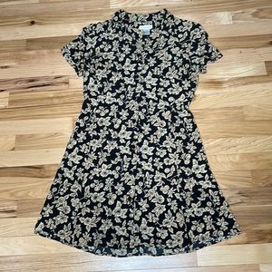 Talbots cap sleeve button front dress 35” collar to hem black and gold size 8